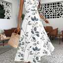 Women's Elegant Sleeveless V Neck Floral Print Long Maxi Dresses High Waist Cocktail Party Evening Tank Flowy Dress (White, L)