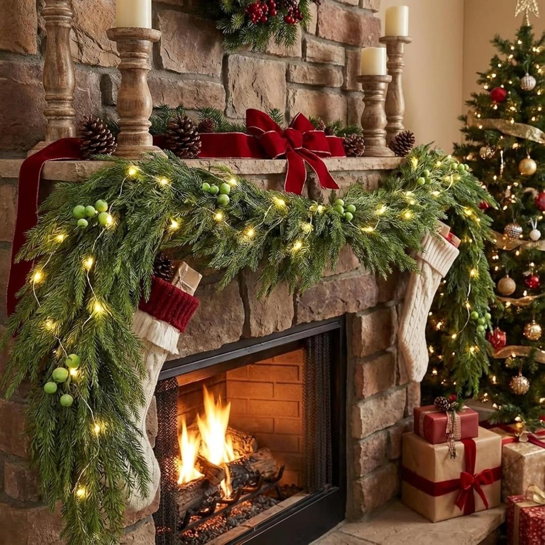 Dingion 1pcs 9ft Thicker Norfolk Pine Cypress Cedar Garlands with Green Berry, Artificial Soft Christmas Pine Garland, Green Greenery Garland for Table, Mantle, Stairs Railing Christmas Decorations