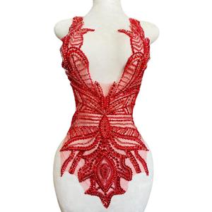 Handmade red Rhinestones Bodice lace Applique Hand Sewing Beaded Sequins Trim Patches for Dress Clothes Skirts Multiple Design Styles Accessories (T)
