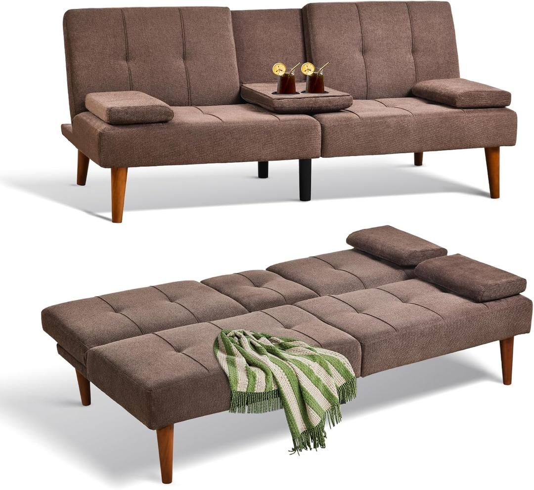 COLAMY Futon Sofa Bed-Fabric Small Couch, Lounge Convertible with 2 Cup Holders, Removable Soft Armrest, Adjustable Backrest for Dorm/Bedroom/College