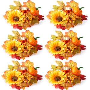 Umigy Set of 6 Fall Votive Candle Holders Thanksgiving Centerpieces Fall Candle Rings Wreaths with Glass Votive Tealight Holders for Table Decor(Maple Leaf, Bright Color)
