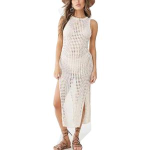 Bsubseach Womens Swimsuit Crochet Cover Up Sleeveless Bikini Swimwear Bathing Suit Beach Dress (One Size, Beige)