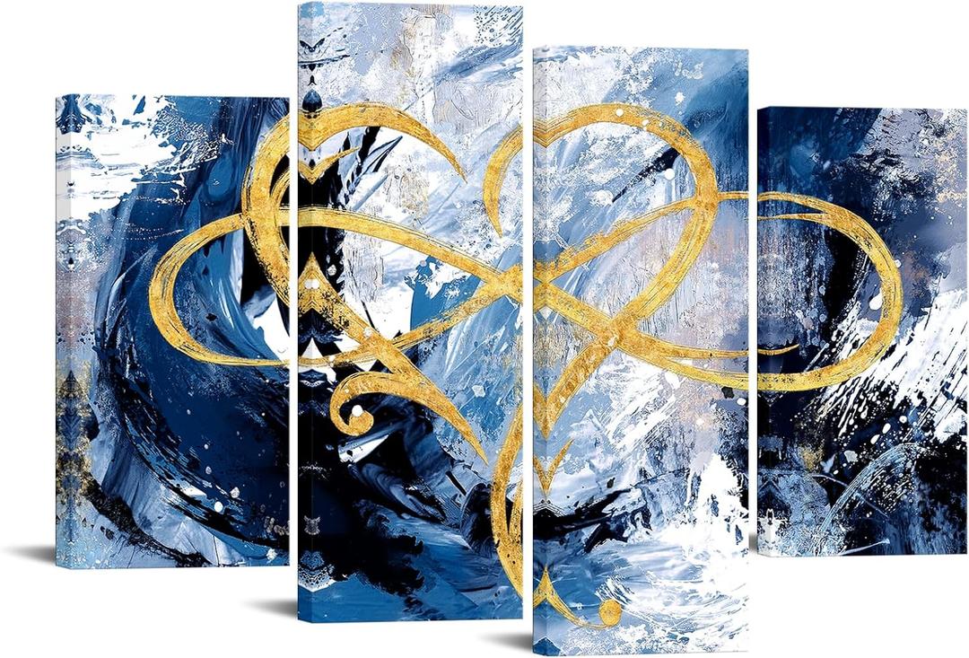 iHAPPYWALL 4 Panel Infinity Heart Canvas Wall Art Abstract Eternal Love Geometric Blue and Gold Picture Artwork for Bedroom Living Room Home Decor Ready to Hang (Blue)