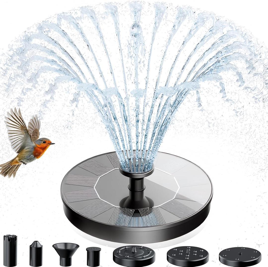 AMZtime Solar Fountain for Bird Bath, New Upgrade Mini Solar Fountain Pump, Free Standing Solar Powered Water Pump for Garden, Outdoor, Fish Tank, Pond and Pool (Black)