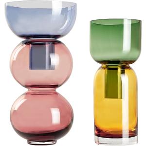 Cloudnola Reversible Glass Flower Vase and Bud Vase Set of 2, Pink & Blue and Green & Yellow, Ideal Gift Set, for Home, Wedding, and Event Decor