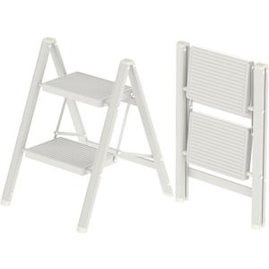 2 Step Ladder, Folding Step Stool with Anti-Slip Wide Pedal, Anti-Slip Feet, Sturdiest Steel Construction, 330lbs Capacity Steel Ladder for Home and Office, White