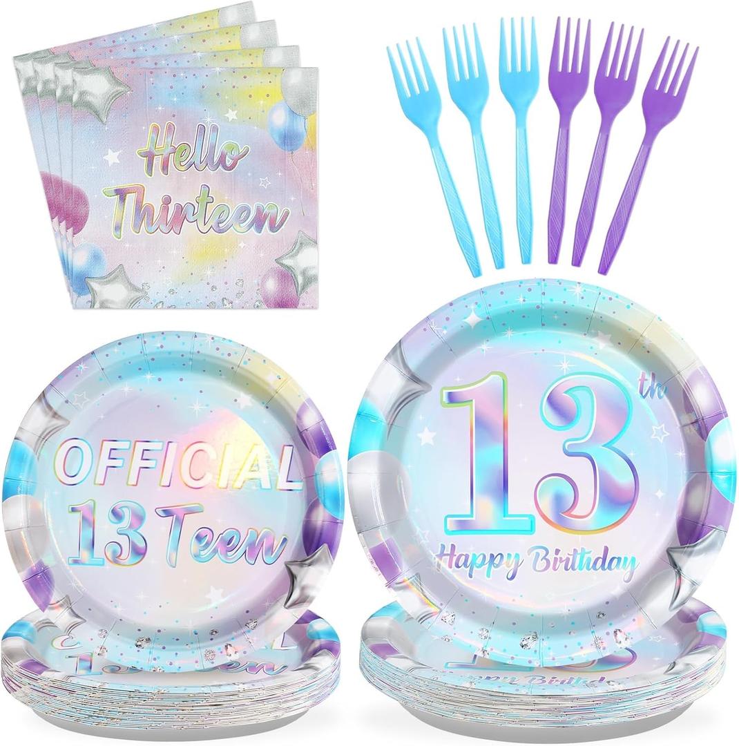 96Pcs 13th Birthday Decorations Iridescent 13th Party Plates and Napkins Disposable 350GSM Official Teen Birthday Tableware Set for Teen Girls Happy 13 Year Old Party Supplies, Serves 24