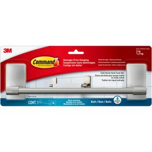 Command Hand Towel Bar Satin Nickel with 4 Water Resistant Command Strips, 9" Hand Towel Holder, Holds up to 3 lb, Great for Bathroom Dcor on the Wall, Inside the Cabinet, or in the Shower (1)