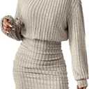 Women's Pullover Sweater Dress Long Lantern Sleeve Turtle Neck Cute Ribbed Knit Bodycon Mini Short Dress 2024 Fall (Small, Khaki)