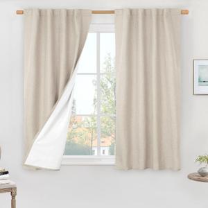 LAMIT Linen 100% Blackout Window Curtains for Bedroom, 45 Inches Linen Textured Thermal Farmhouse Curtains Back Tab and Rod Pocket Window Panels with White Liner, 2 Panels, 38 x 45 Inch, Oatmeal