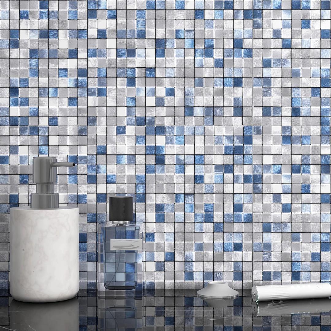 BeNice Peel and Stick Backsplash Tile Stickers, Kitchen Bathroom Wall Adhesive Small Metal Tiles Square-5sheets Blue Mix