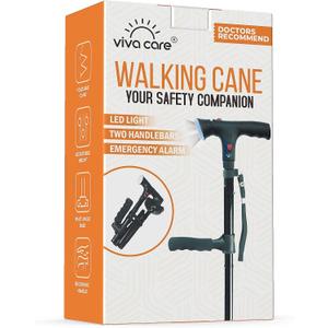 VIVA CARE Walking Cane with Light & Alarm - Foldable, Adjustable, Lightweight, for Balance & Stability for Adults, Seniors, and Injured. [Black] (Medium)