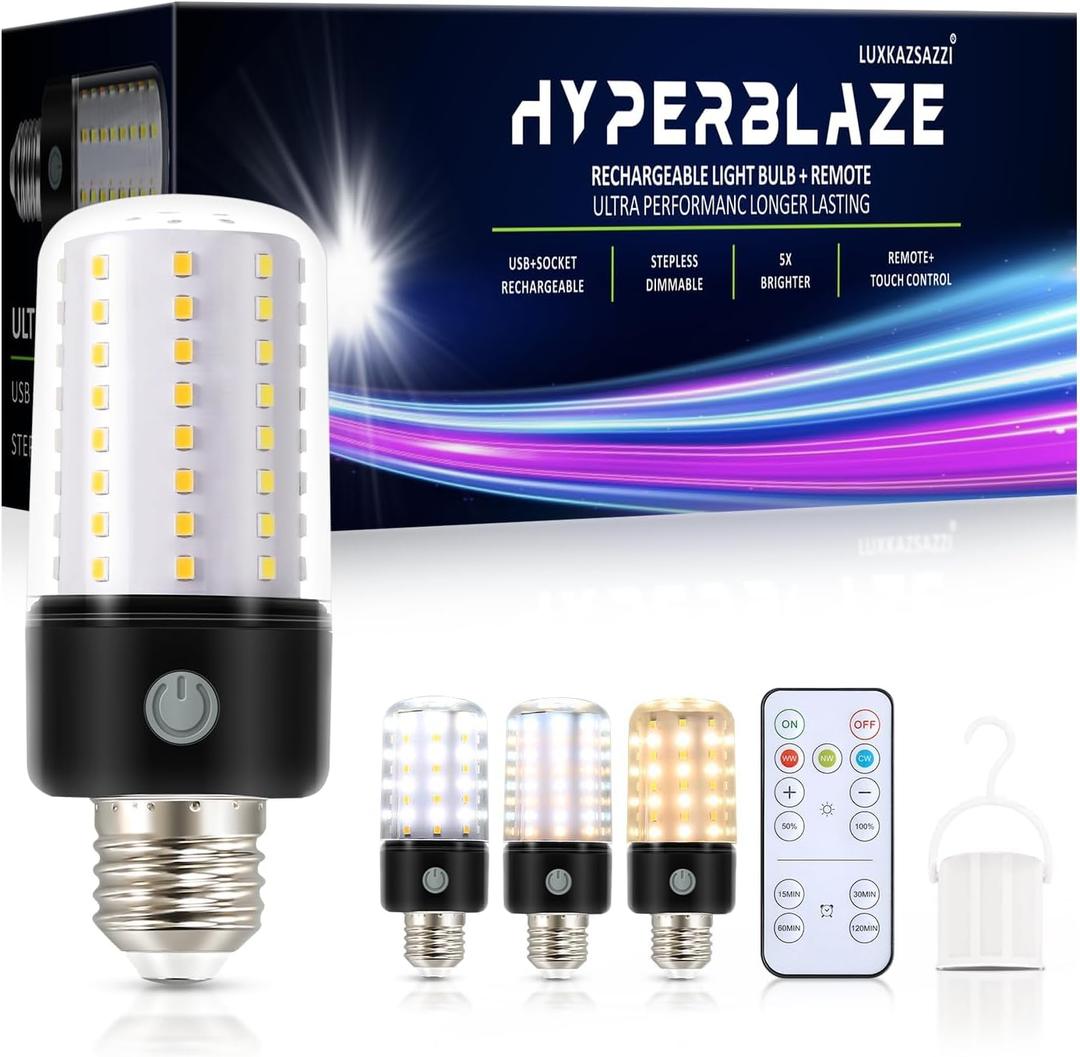 HYPERBLAZE Battery Operated Light Bulbs for Lamps, Wide Bright & 3 Colors & Dimmable Rechargeable Light Bulbs with Remote for Sconces, USB+ E26 Lamp Socket Charging for Non-Hardwired Fixture (1PK, 3000k-4500k-6500k)