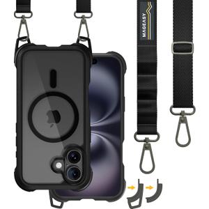 MAGEASY Designed for iPhone 16 Case with Strap - 20ft Ultimate Drop Protection Compatible with MagSafe, Transformable Protective & Lanyard Case, Vegan Leather Frame | Odyssey Strap M (Leather Black)