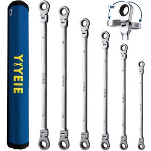 6 Pcs Extra Long Flex Head Ratcheting Wrench Set, Metric Long Wrench 8mm - 19mm, 72-Tooth Double Box End Wrenches, Chrome Vanadium Steel with Mirror Polish Finish, Rolling Pouch