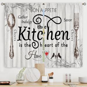 Riyidecor Kitchen Curtains Rustic Farmhouse 55x39 Inch Rod Pocket Country Short Small Barn Fork and Spoon Wooden Wood Plank Board Vintage Printed Cafe Window Curtains Drapes Treatment Fabric 2 Panels