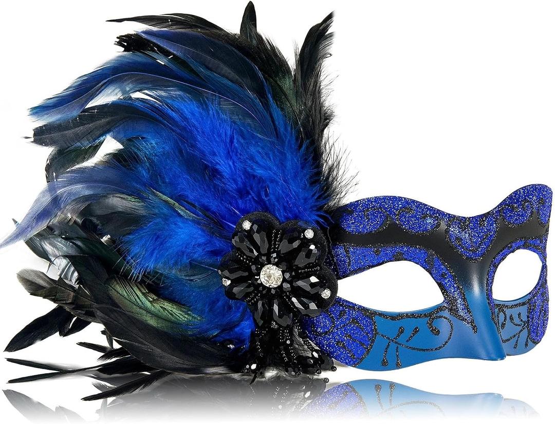 MYSEUNI 2025 New Blue and Black Masquerade Mask for Women with Feathers - Womens Mascarade Venetian Mask for Masquerade Party, Mardi Gras, Halloween Cosplay Prom, Christmas