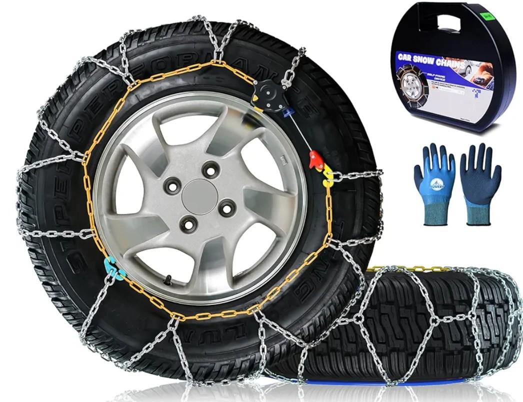 Snow-Chains Auto Fixing 1 Min Quick Fit Easy Installation Tire-Chains, Portable Reusable Universal Emergency Tire Traction Chain for Passenger Car, Pickup Trucks and SUV - Set of 2 (HKN-140)