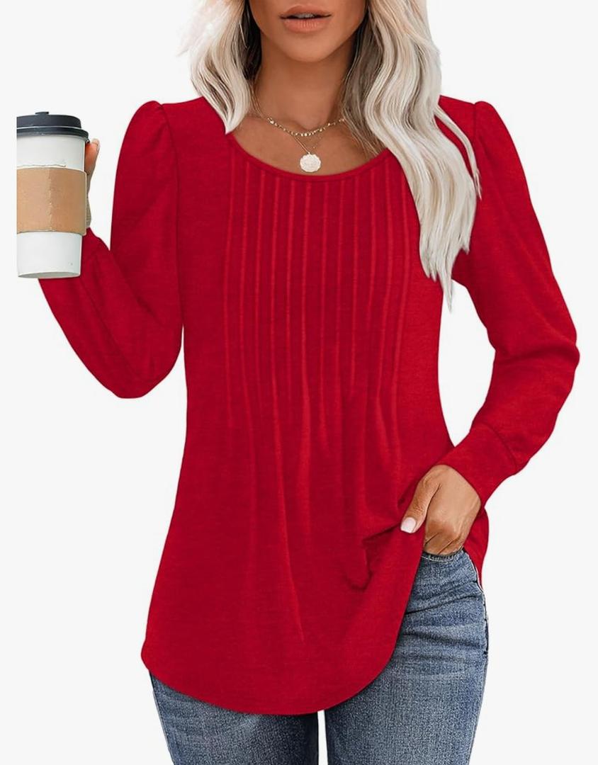 OFEEFAN Long Sleeve Shirts for Women Fall Tops Dressy Casual Blouses Pleated Scooped Neck Tunic Tops for Leggings S