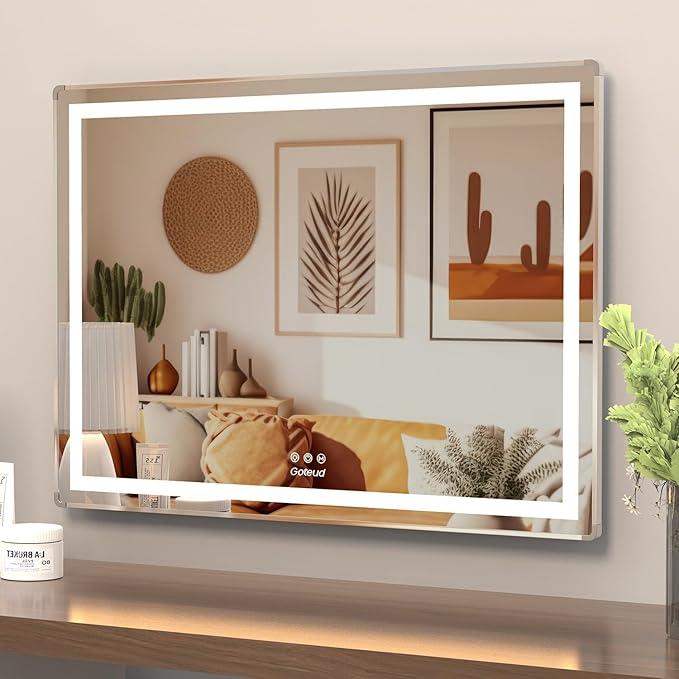 NICESTi Large Vanity Mirror with Lights 31.6'' x 24'', Lighted Makeup Mirror with Dimmable 3 Modes for Dressing Room & Bedroom, Touch Screen Control, Aluminum Frame Silver