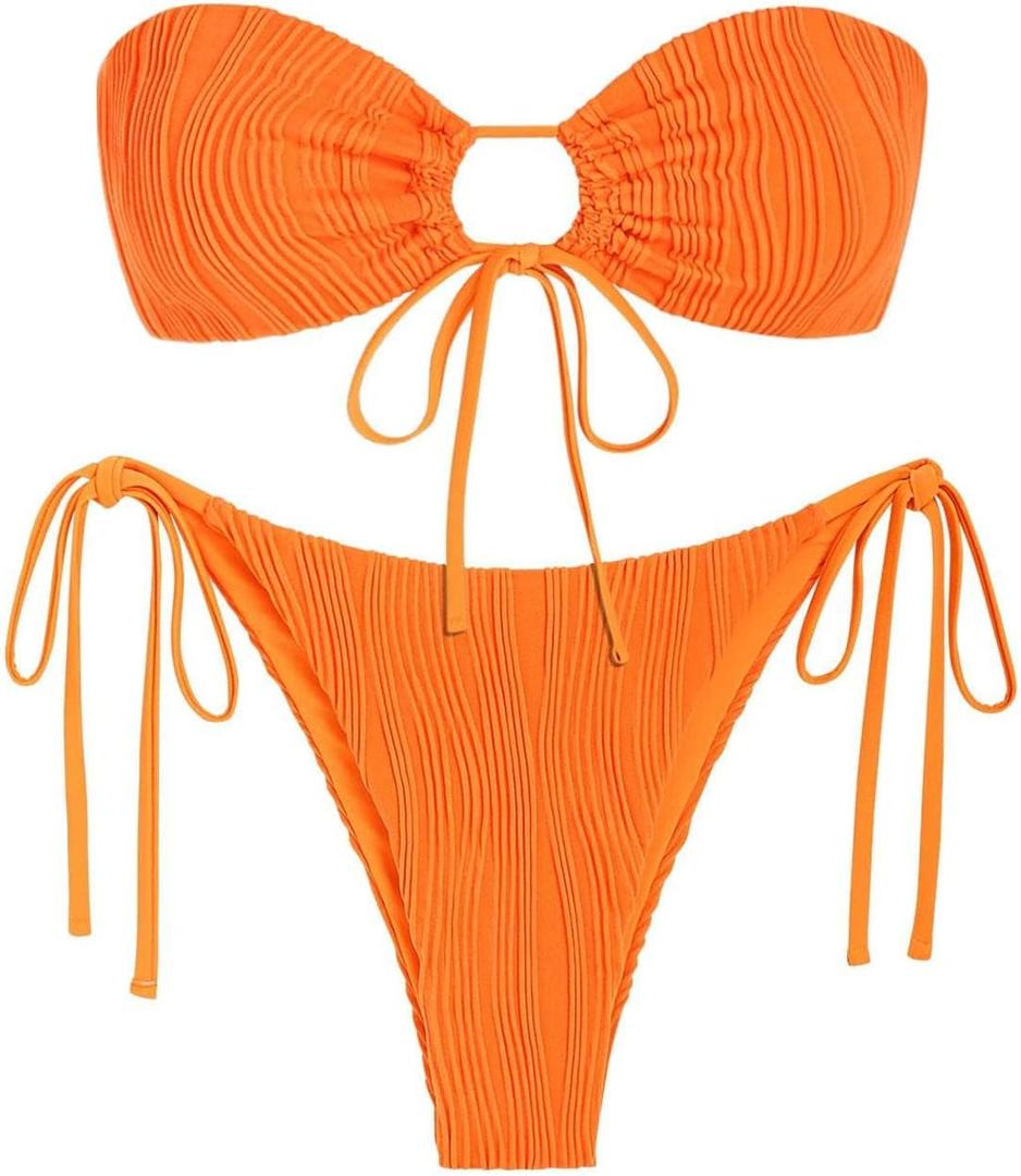 ZAFUL Women's Bandeau Bikini Set O Ring Strapless Swimsuit Tie Side Swimwear Halter Two Piece Bathing Suit S