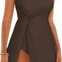 GRACE KARIN Women's One Piece Swim Dress V Neck Tummy Control Swimsuit Vacation Beachwear Bathing Suit (Dark Brown)