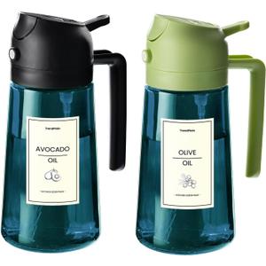 TrendPlain 16oz/470ml Blue Glass Olive Oil Sprayer for Cooking - 2 in 1 Olive Oil Dispenser for Kitchen Gadgets, Air Fryer, Salad, and BBQ - Black & Green