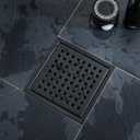 4 Inch Square Shower Floor Drain, Stainless Steel Black Shower Drain Kit with Flange, Floor Drain with Removable Grid Cover, Matte Black