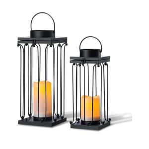 Solar Lantern Decorative Outdoor Set of 2 (18’’ & 15’’) Modern Black Metal Lanterns with Solar Candles, Decorative Candle Lanterns for Outdoor Porch, Patio, Garden, Yard Decor