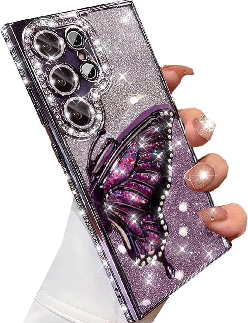 for Samsung Galaxy S25 Ultra Case with Camera Protector Cute 3D Butterfly Case Slim Plating Sparkle Diamond Glitter Bling Luxury Flowing Liquid Women Cover for Galaxy S25 Ultra (Purple) 