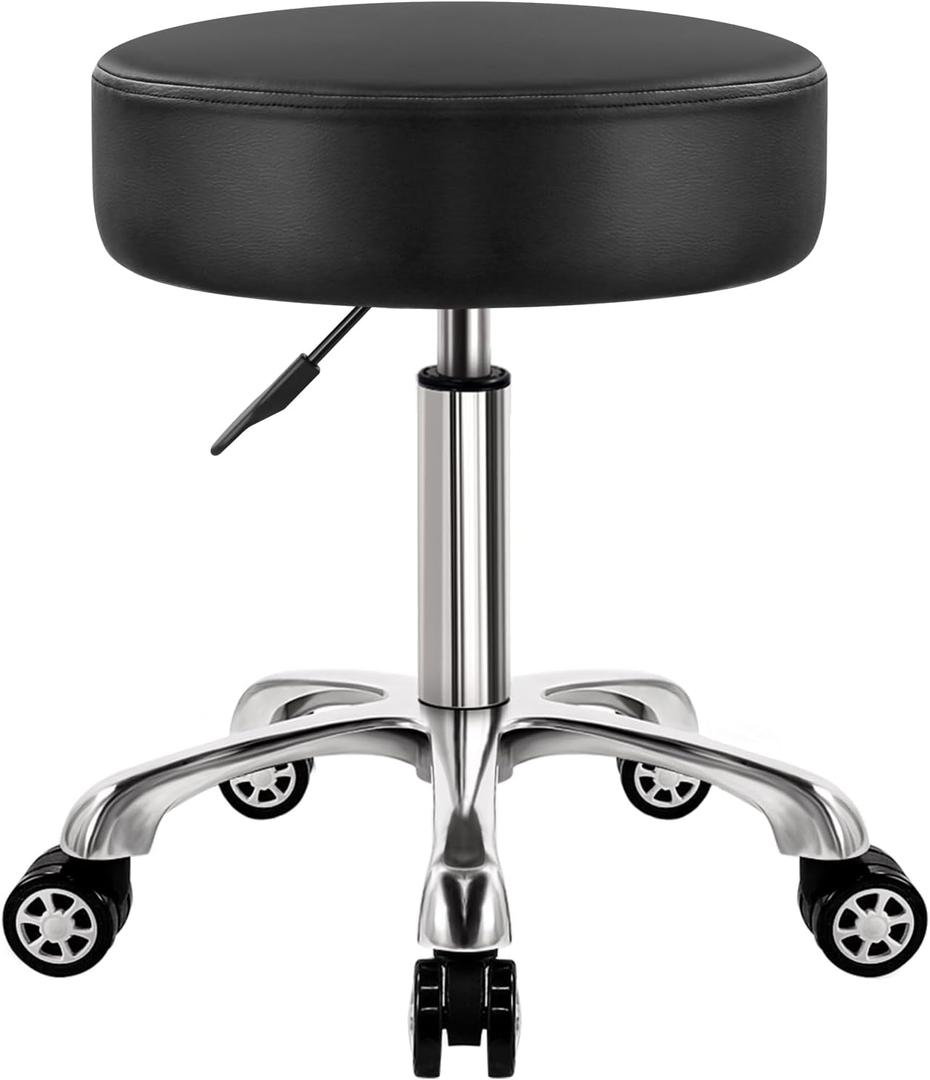 WKWKER Heavy Duty Rolling Stool with Wheels 360 Swivel Adjustable Rolling Stool Hydraulic Lift Thick Leather Seat Ergonomic Chair for Kitchen Drafting Lab Office Salon Massage Black, Large