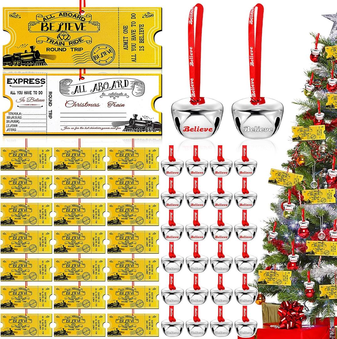 24 Pcs Christmas Polar Express Golden Tickets and Believe Bells Ornaments Bulk, North Pole Train Tickets Polar Express Bell Christmas Decorations Believe Hanging Holiday Party Gifts Favors