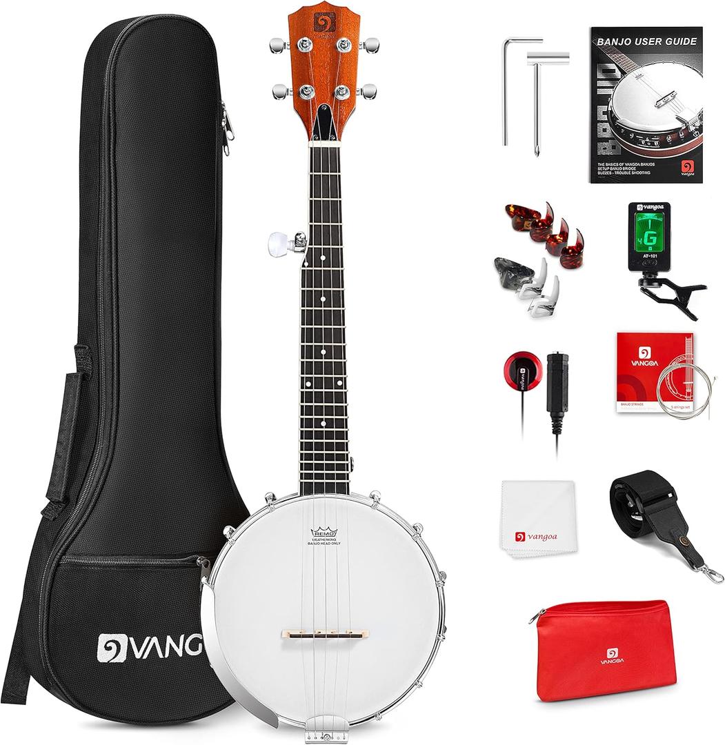 Vangoa 5 String Banjo 26 Inch, MINI Travel Banjo Beginner Kit with Remo Head, Open Back & Closed Solid Back with beginner Kit, Comfortable Carrying Bag