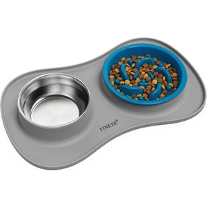 YINEYA 3 in 1 Slow Feeder Dog Bowls & Stainless Steel Food and Water Bowl with Non-Spill Dog Bowl Mat, Anti-Choking Puppy Bowls, Floor Safe & Easy Clean for Large Medium Small Dogs Cats