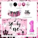 Halloween 1st Birthday Party Decorations for Girl Spooky One Backdrop Pink Black Hot Pink Balloons High Chair Banner Cake Topper for First Birthday Party Supplies