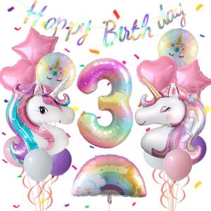 Pastel Rainbow Unicorn 3rd Birthday Party Decorations, Pink Purple Balloon with Large Unicorn Helium Balloons for Girl Birthday Party Garden & Fairy Theme Spring Decor (number 3 set)