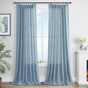 Blue Linen Pleated Curtains 108 Inch Long for Living Room Bedroom 2 Panel Light Filtering Privacy Semi Sheer Window Curtain Modern Farmhouse Coastal Decor Back Tab Clip Rings Drape for Large Window