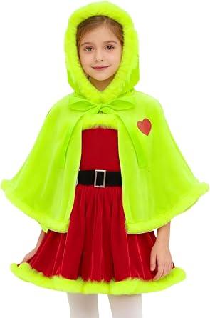Alvivi Santa Claus Outfits for Girls Christmas Party Velvet Tutu Dress with Faux Fur Trim Cloak Hooded Cape, 120Y