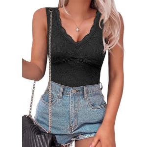 SAUNGKUAI Women's V Neck Sleeveless Bodysuit Going Out Body Suit Tank Tops 2025 Lace Trendy Outfits (Medium, Black)