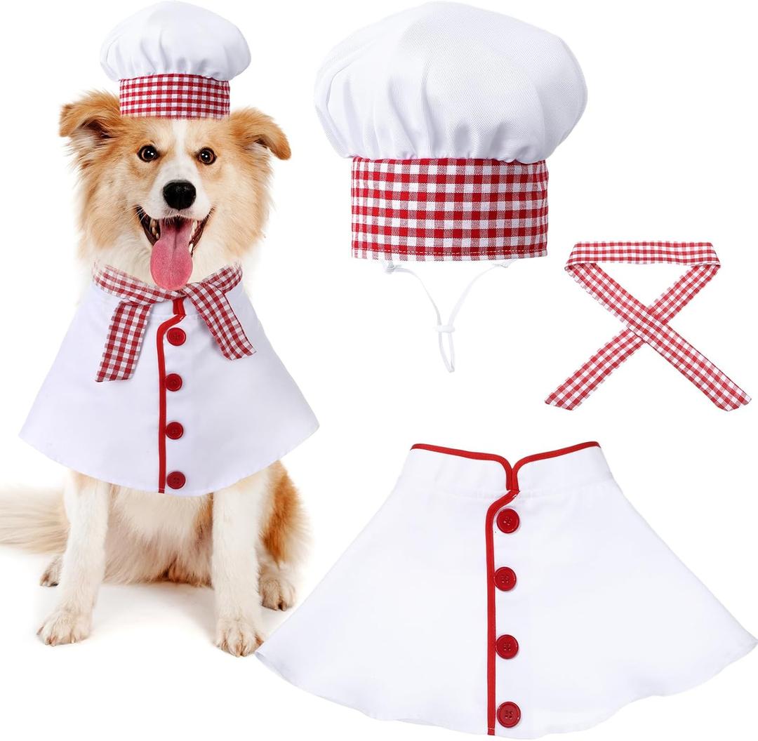 3 Pcs Dog Chef Costume Set Includes Dog Chef Hat Clothes with Red and White Plaid Scarf Funny Holiday Clothes Outfit Valentine's Photo Booth for Small Medium Large Dogs Pets(Small)