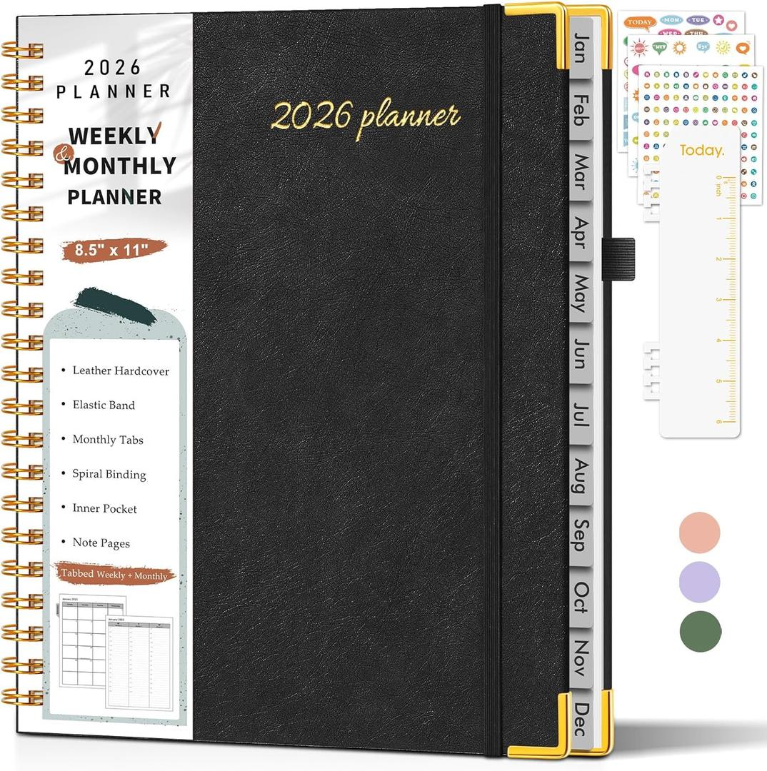 4 x 2026 Planner, Weekly and Monthly Calendar Planner from January 2026 - December 2026, 8.5" x 11" Hardcover Leather Hourly Appointment Book with Tabs, Spiral Daily Planners for College School Work Home, Black