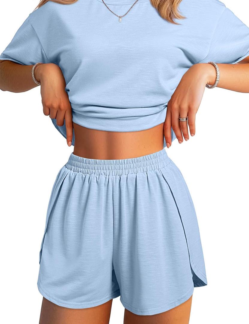 JUSTFASHIONNOW Split Short Bamboo Pajama Set Cute Summer Pjs for Women 2 Piece Short Sleeve Lounge Sets Soft Sleepwear (Blue, M)