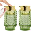 2pcs Glass Foaming Soap Dispenser, Green Foam Hand Soap Dispenser, 12 Oz Large Bottle with Gold Pump, Refillable Lotion Pump Container for Bathroom, Kitchen,Hand Soap, Dish Soap,Shampoo