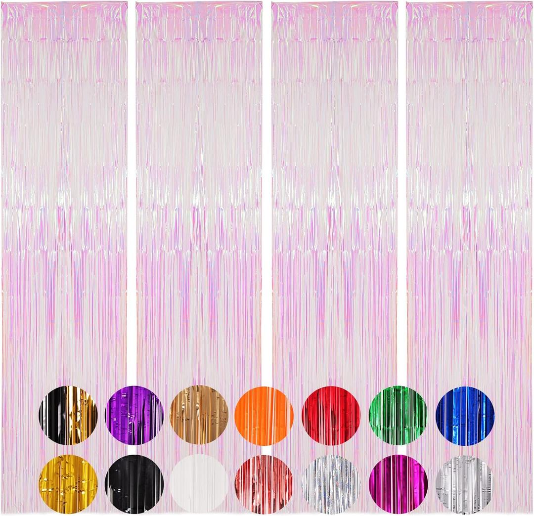 Voircoloria 4 Pack Iridescent Transparent Foil Fringe Backdrop Curtains, Tinsel Streamers Birthday Party Decorations, Fringe Backdrop for Graduation, Baby Shower, Gender Reveal, Disco Party