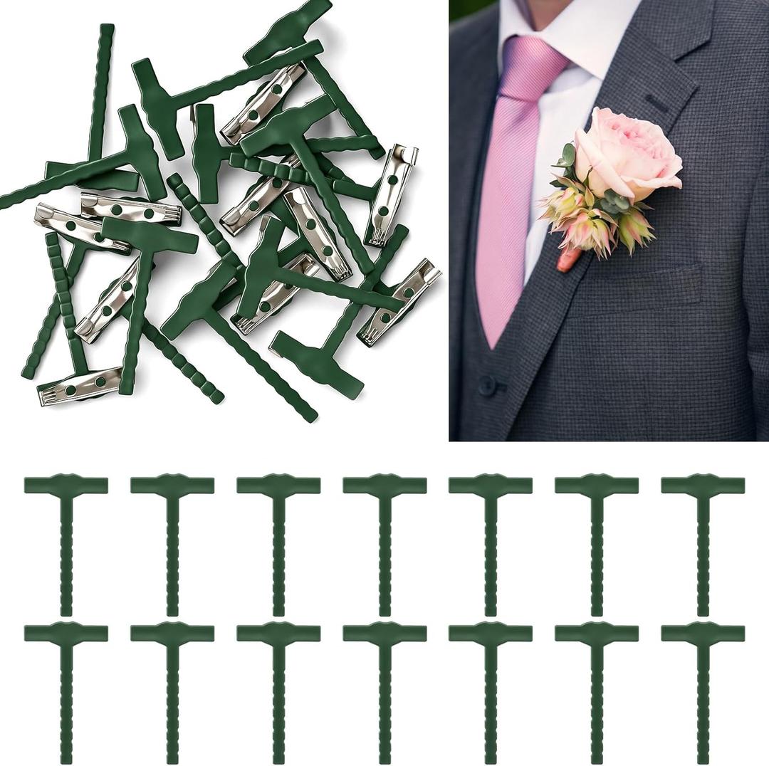 20pcs Boutonniere Pins Safety Pins, Plastic T-Shaped Corsage Pin Safety Clips for Bride Groom, Tiny Boutonniere Brooch Supplies for Wedding Festivals Birthday Parties- Green