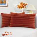 decorUhome Faux Fur Spring Throw Pillow Covers 12x20 Set of 2, Decorative Soft Plush Striped Lumbar Neutral Couch Pillow Covers with Velvet Back for Sofa, Bed, Living Room Home, Rust