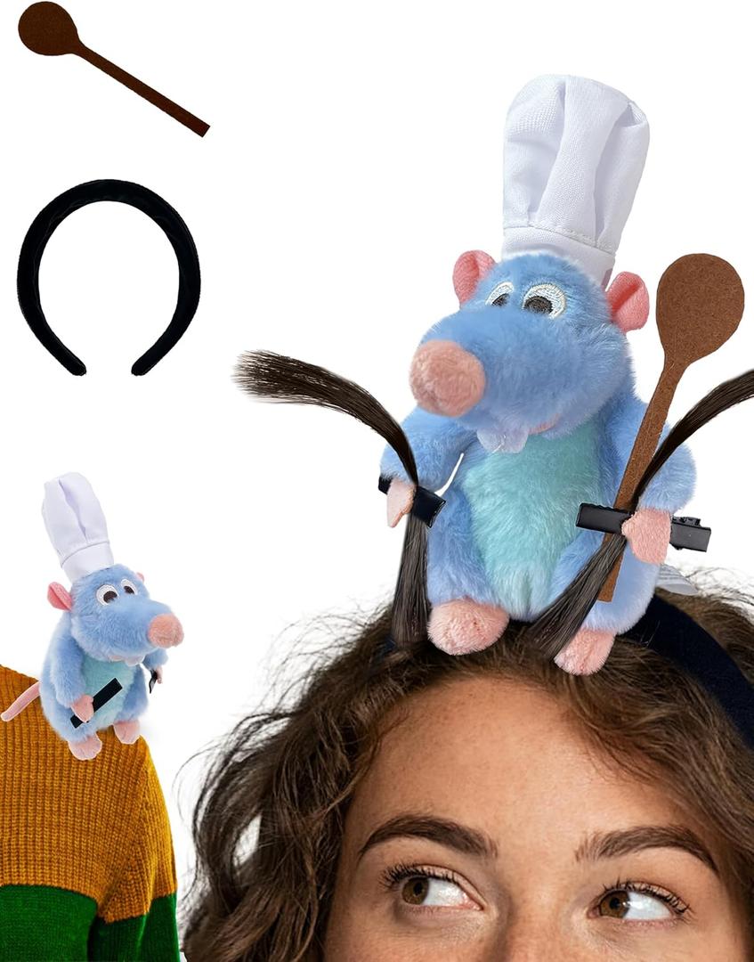 Rat Headband Costume Spoon Hair Clip Set Shoulder Plush Toy Costume Accessories Stuffed Animal Gifts for Kids Adults