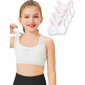 Girls Training Bra for 8-14 - First Wireless Seamless Sports Bra with Sewn-in Padding - Breathable Cotton Racerback - 4-Pack (10-12 Years, White+white+pink+pink)