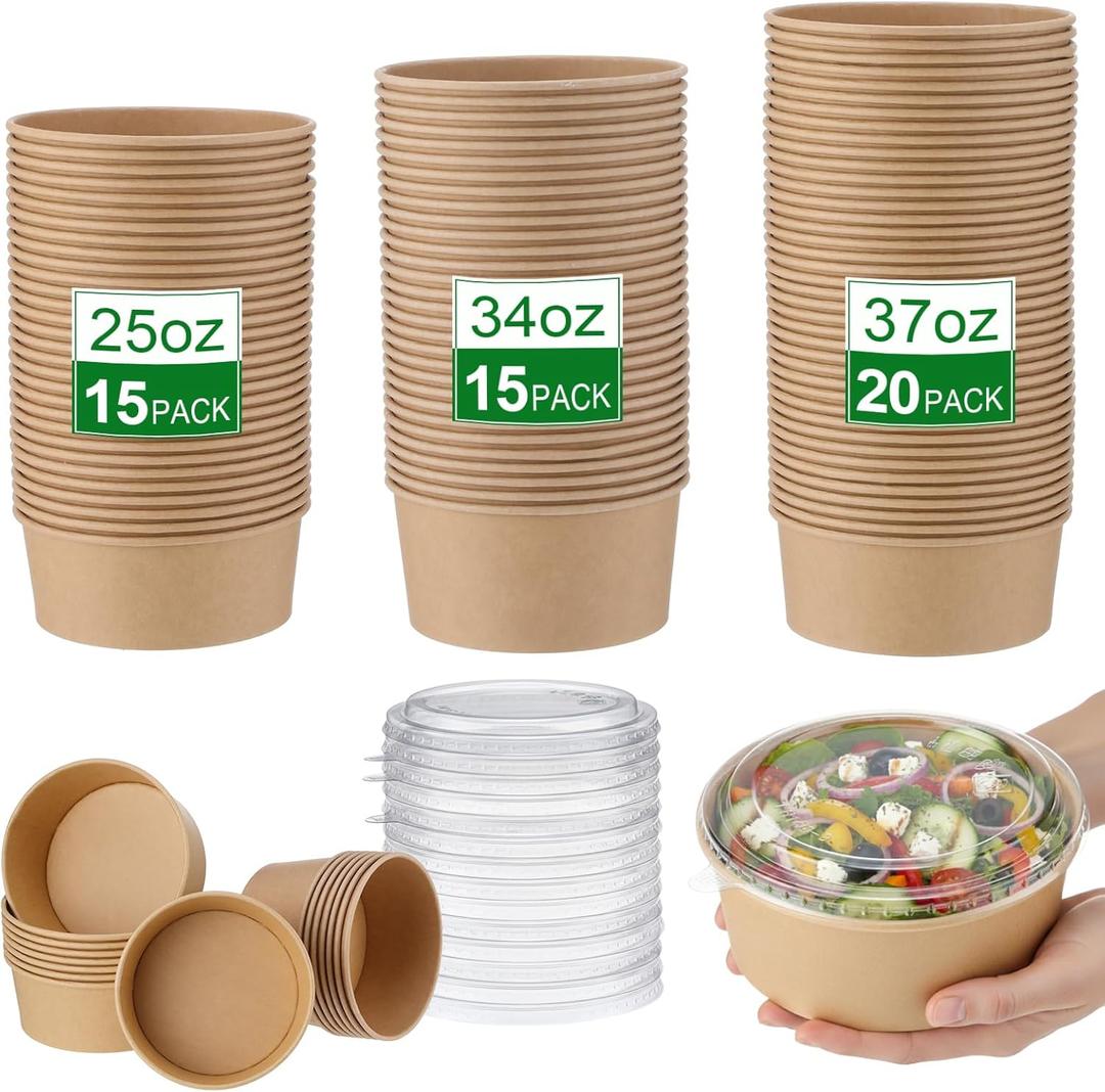50 Pack Kraft Paper Bowls with Lid 25/34/ 37 oz Disposable Soup Salad Bowls Party Supplies, to Go Food Container for Party Dessert, Ice Cream, Yogurt, Microwave Freezer Safe