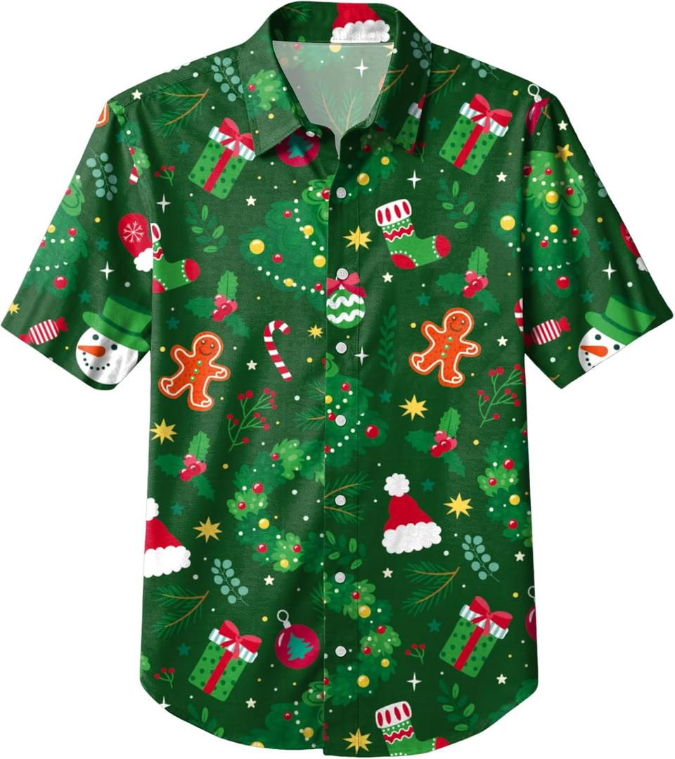 Ithalt Christmas Shirts for Kids Boys Girls Christmas Button Down Short Sleeve Blouse Xmas Gift Tees (6-7 Years, Bgreen1)